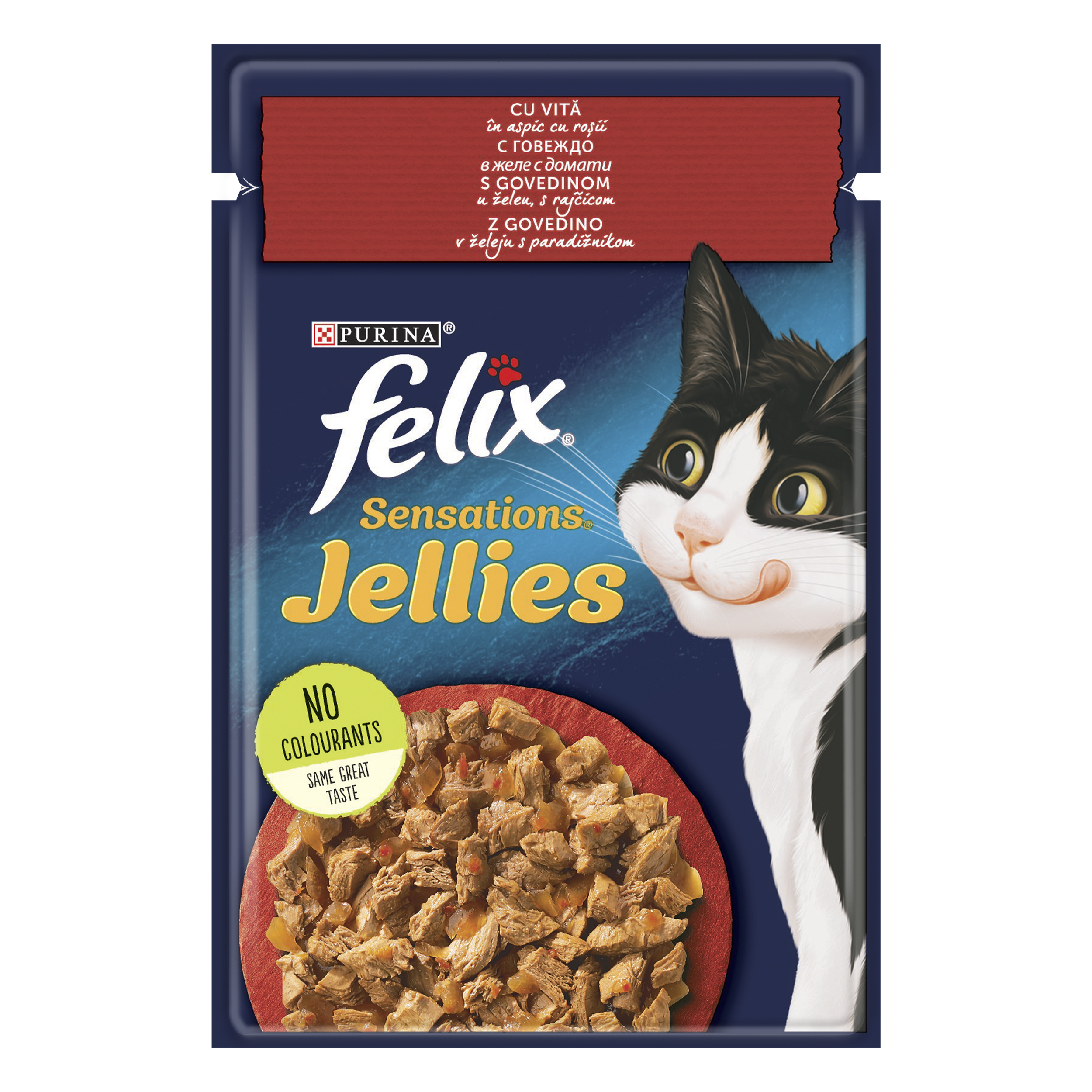 0228249_43732617_norm_SANS_DECOUPE300dpi_CMYK.pdf PURINA® FELIX® Sensations за котки в зряла възраст, с Говеждо в желе и домати, Мокра храна, Пауч, 85g - Image 1
