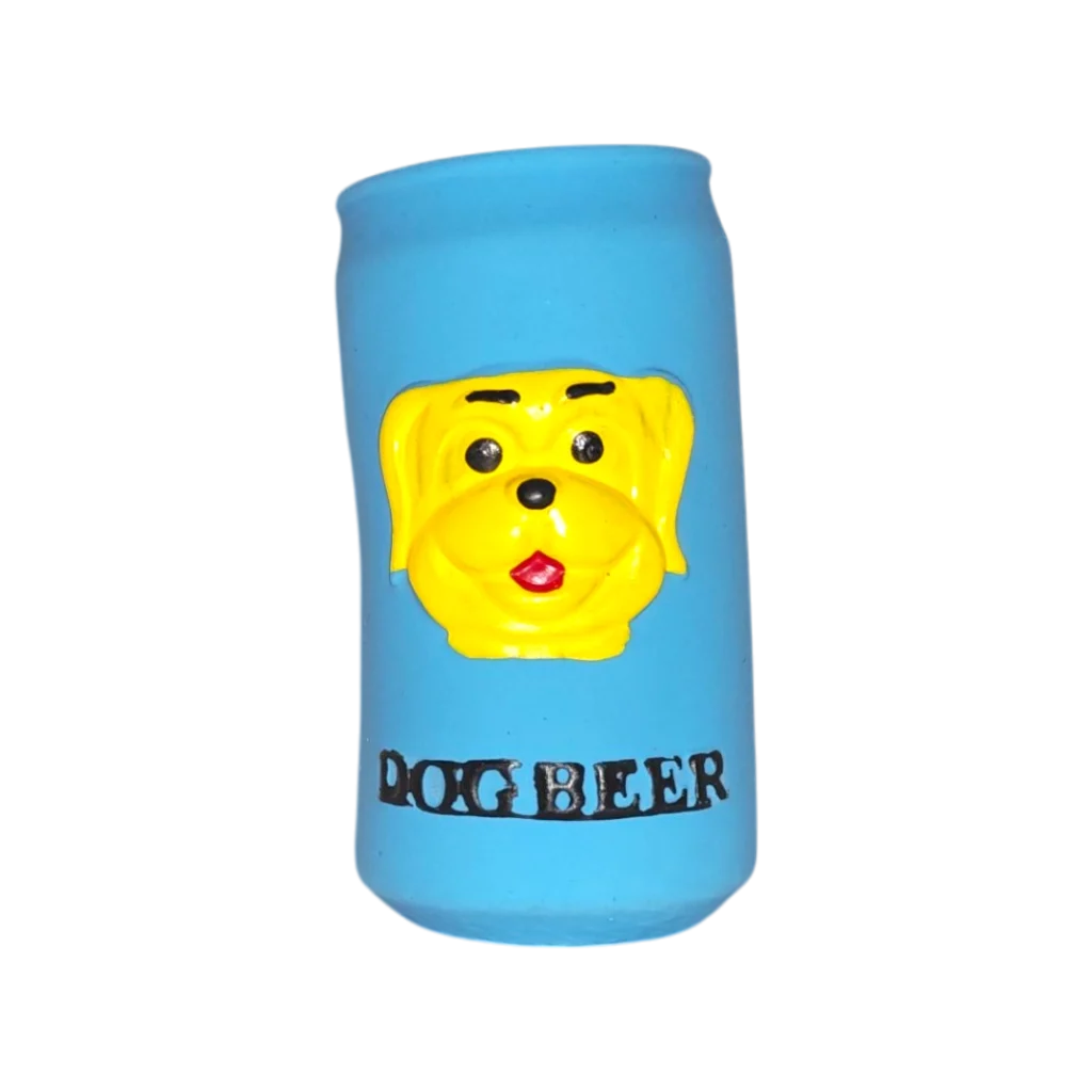 Синя гумена играчка за куче Dog Beer с жълто кучешко лице и надпис