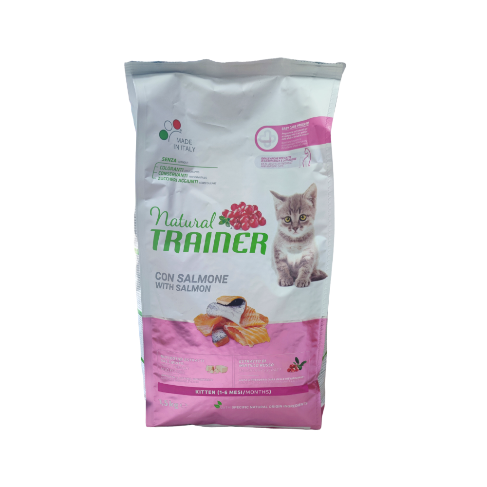 PhotoRoom-20230505_112118 Natural Trainer Kitten Salmon - висококачествена суха храна за подрастващи котенца на възраст до 1 година с месо от сьомга и червени боровинки - 1.5 кг. - Image 1
