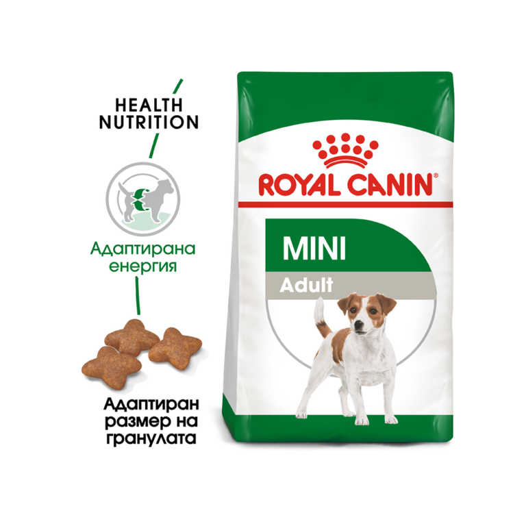 Опаковка Royal Canin Mini Adult 8 кг с малко куче отпред