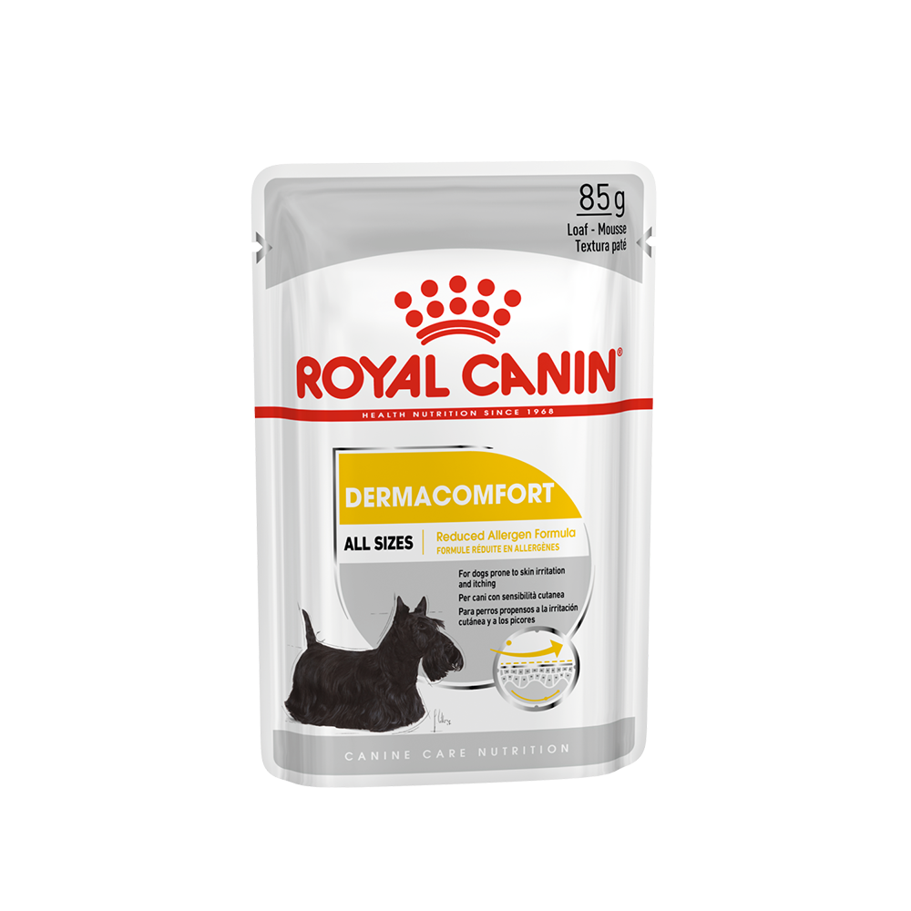 ROYAL CANIN® DERMACOMFORT LOAF pauch 85 гр. Пълноценна мокра храна в пауч за кучета, склонни към раздразнена и сърбяща кожа
