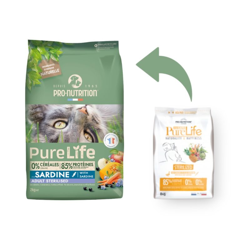 Pro-Nutrition Pure Life Cat Adult Sterilized – Пълноценна храна за кастрирани котки със сардина, 8 кг