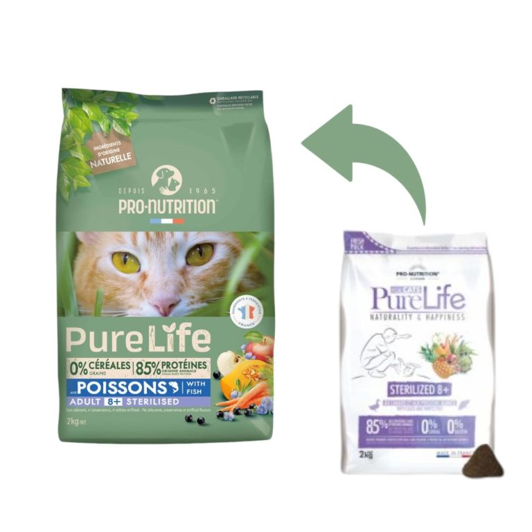 Pro-Nutrition Pure Life Cat Sterilized 8+ – Пълноценна храна за кастрирани котки над 8 години с риба, 2 кг