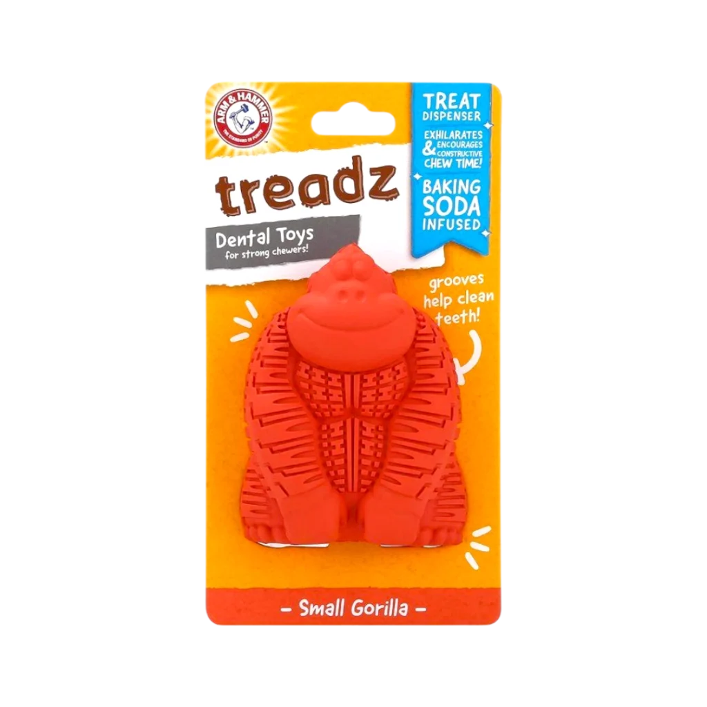 Дентална играчка за куче Arm & Hammer Treadz – Small Gorilla в червен цвят с опаковка