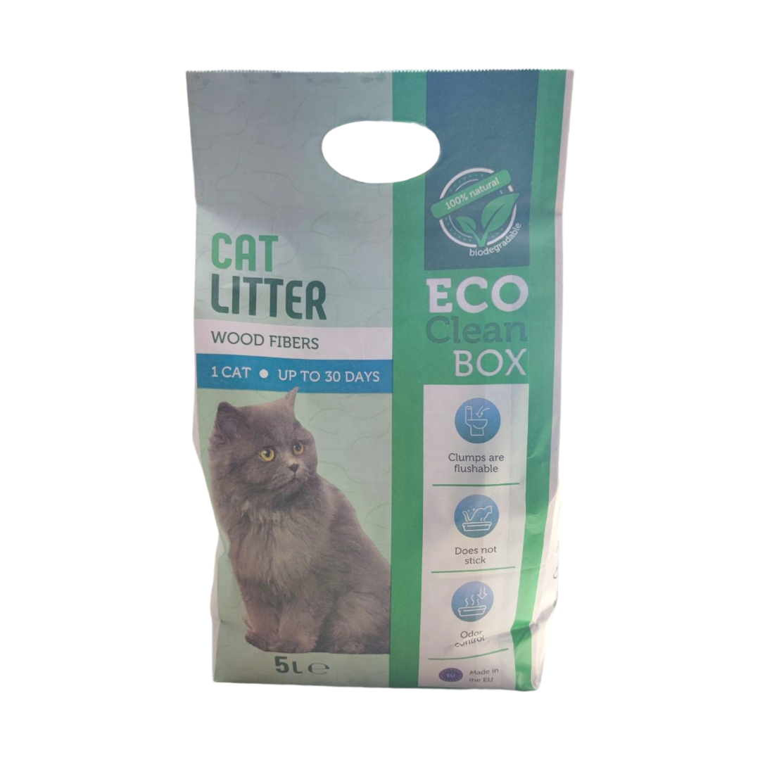 1-Photoroom (1) Eco Clean Box котешка тоалетна – биоразградима постелка от дървесни влакна, 5 литра