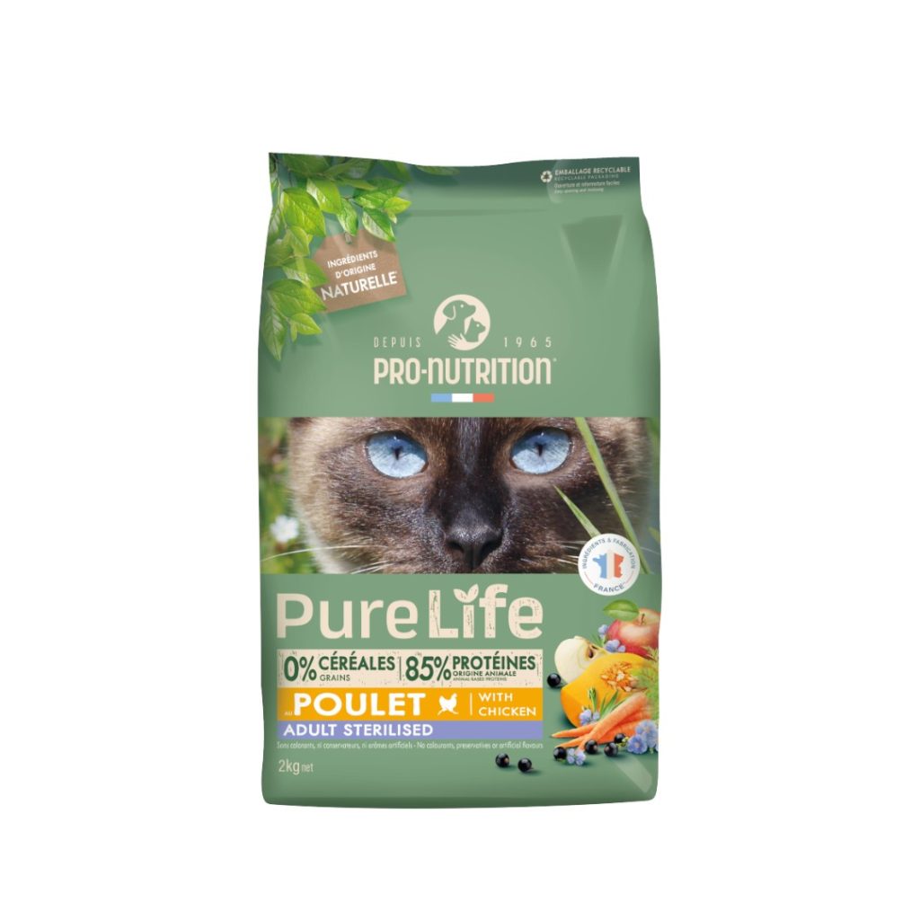 Pro-Nutrition Pure Life Cat Adult Sterilized – Пълноценна храна за кастрирани котки с пиле, 2 кг