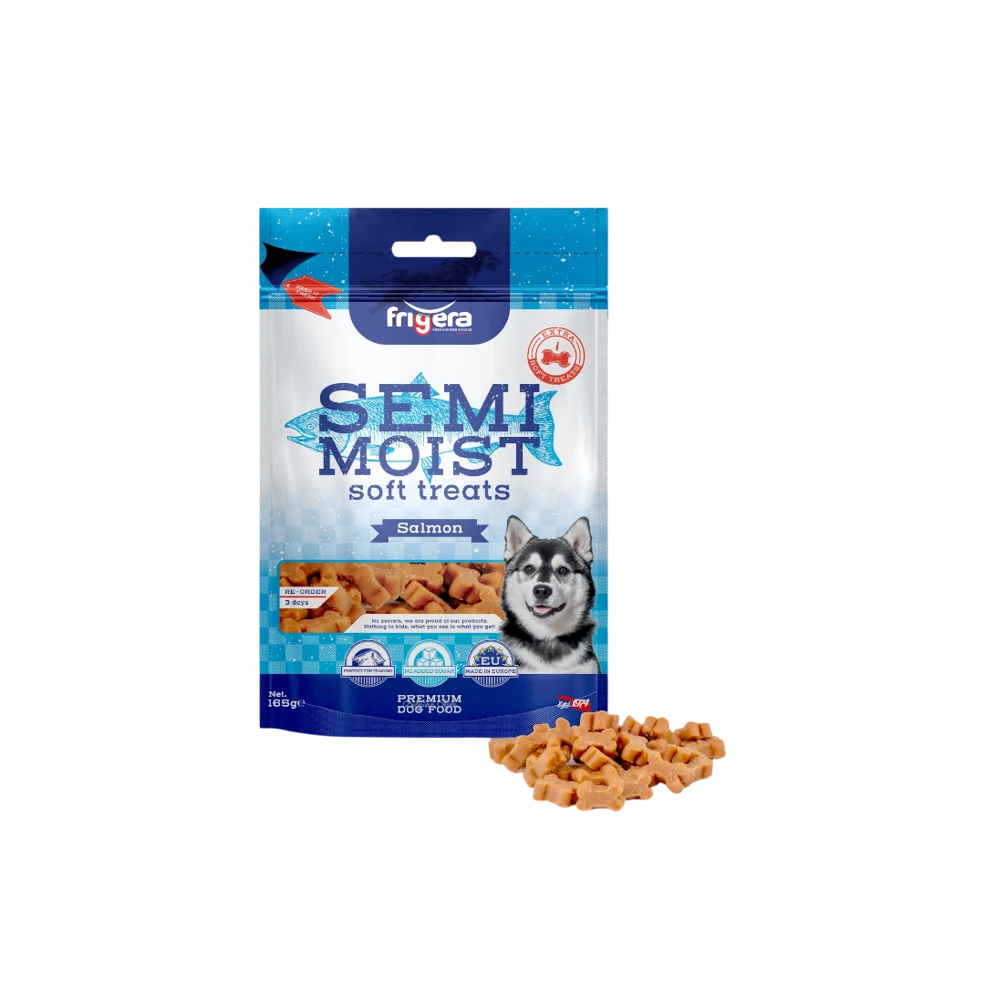 Semi-Moist Soft Treats Salmon 165g-Photoroom friGERA кучешко полувлажно лакомство със сьомга – 165 г – мека, ароматна награда с 2,5% рибено масло