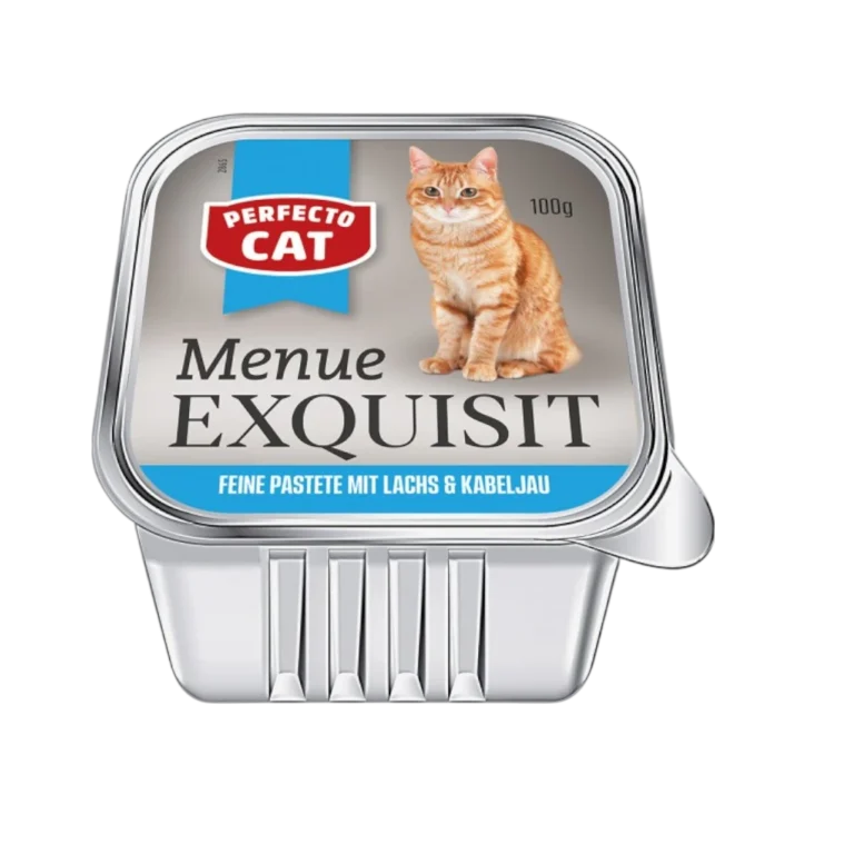 Perfecto Cat Menu Exquisit пастет за котки с треска и писия – 100 г в алуминиева кутийка с изображение на оранжева котка