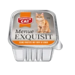 Perfecto Cat Menu Exquisit пастет за котки с патешко и черен дроб – 100 г в алуминиева кутия с изображение на оранжева котка