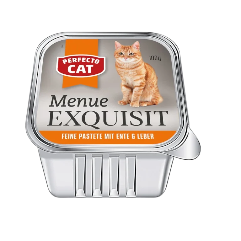 Perfecto Cat Menu Exquisit пастет за котки с патешко и черен дроб – 100 г в алуминиева кутия с изображение на оранжева котка