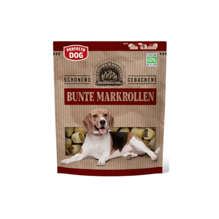 Perfecto Dog Bunte Markrollen – опаковка 400 г с големи бисквити за кучета, с пълнеж от костен мозък, месо и риба