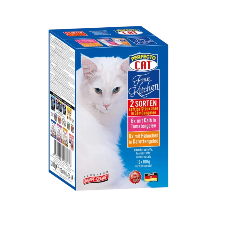 Perfecto Cat Fine Kitchen пауч в желе 12 x 100 г – синя кутия с бяла котка, пауч храна с телешко и пилешко