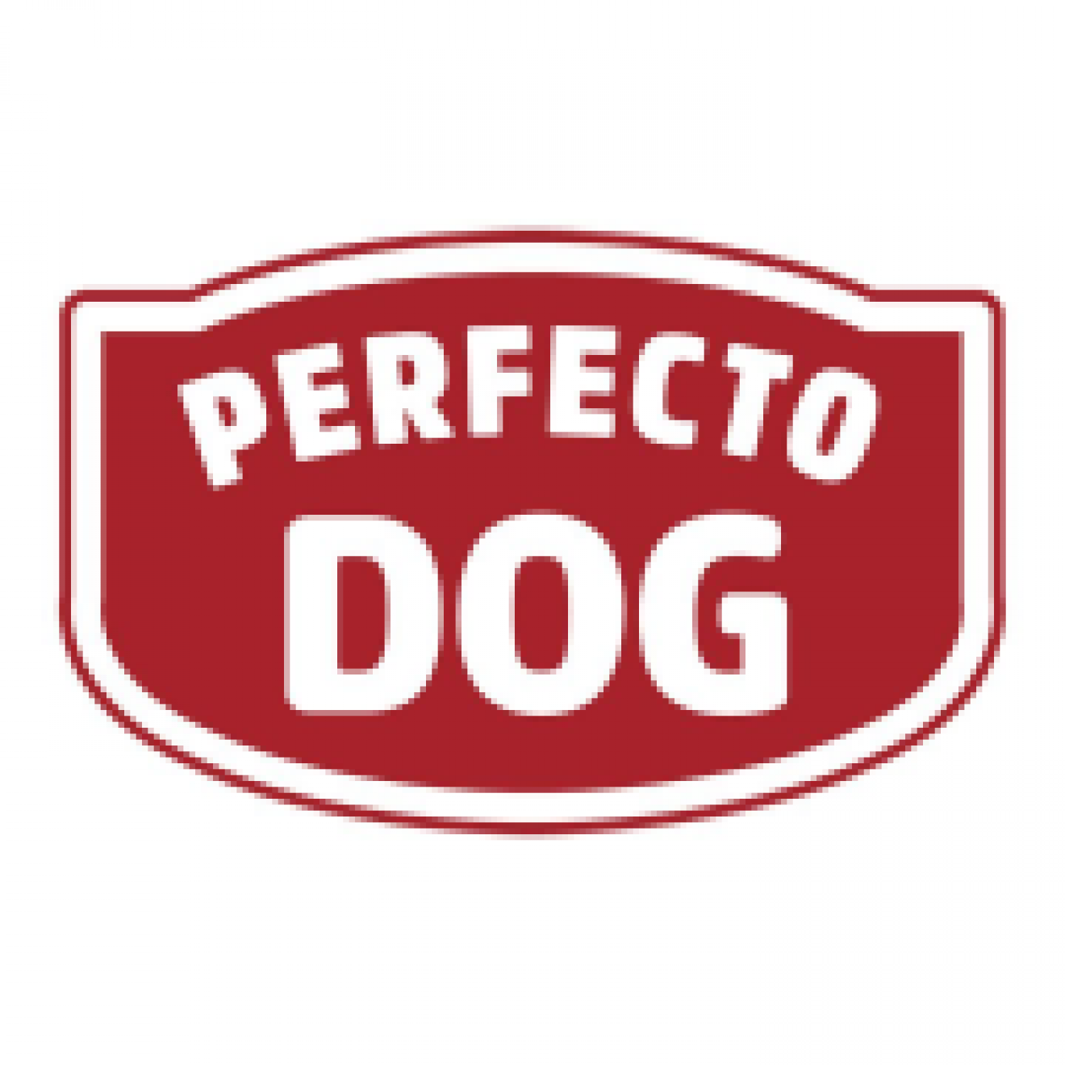 Лого на Perfecto Dog – бранд за храни и лакомства за кучета, с бели букви върху червен фон